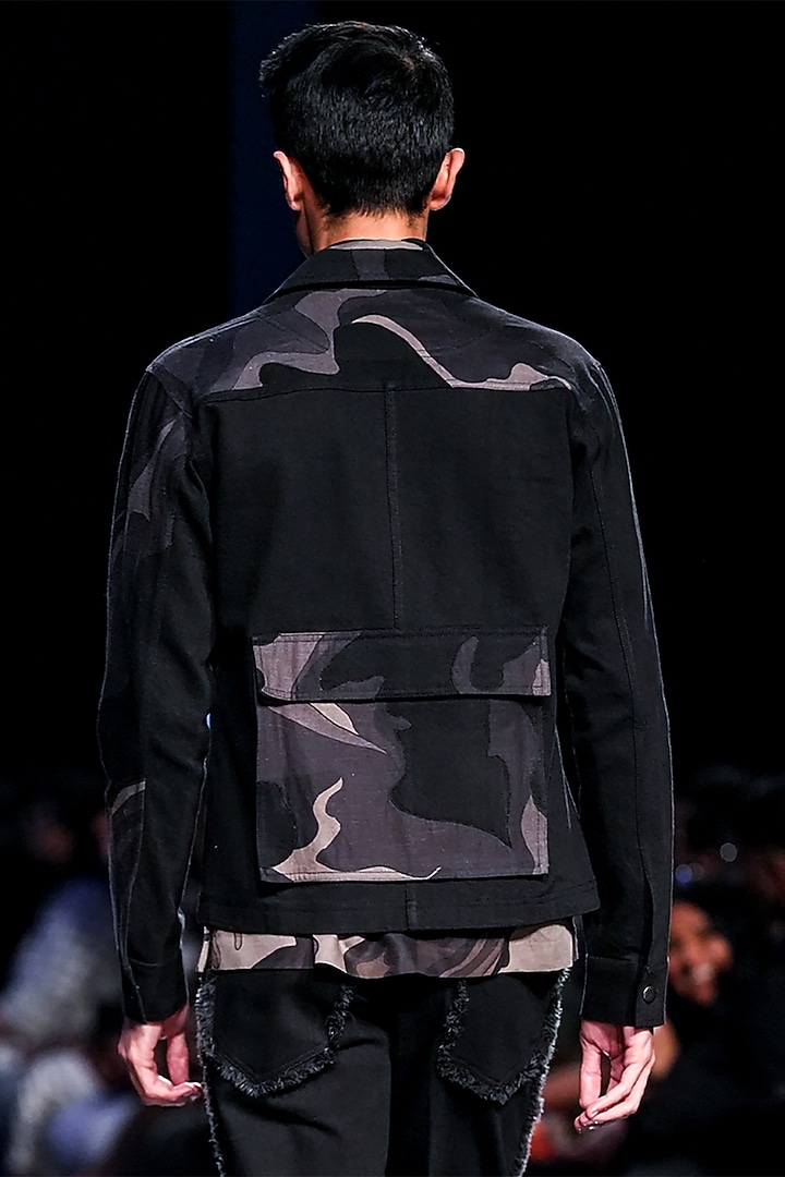 Black Cotton Denim Camo Applique Jacket by Countrymade at Pernia's Pop Up Shop
