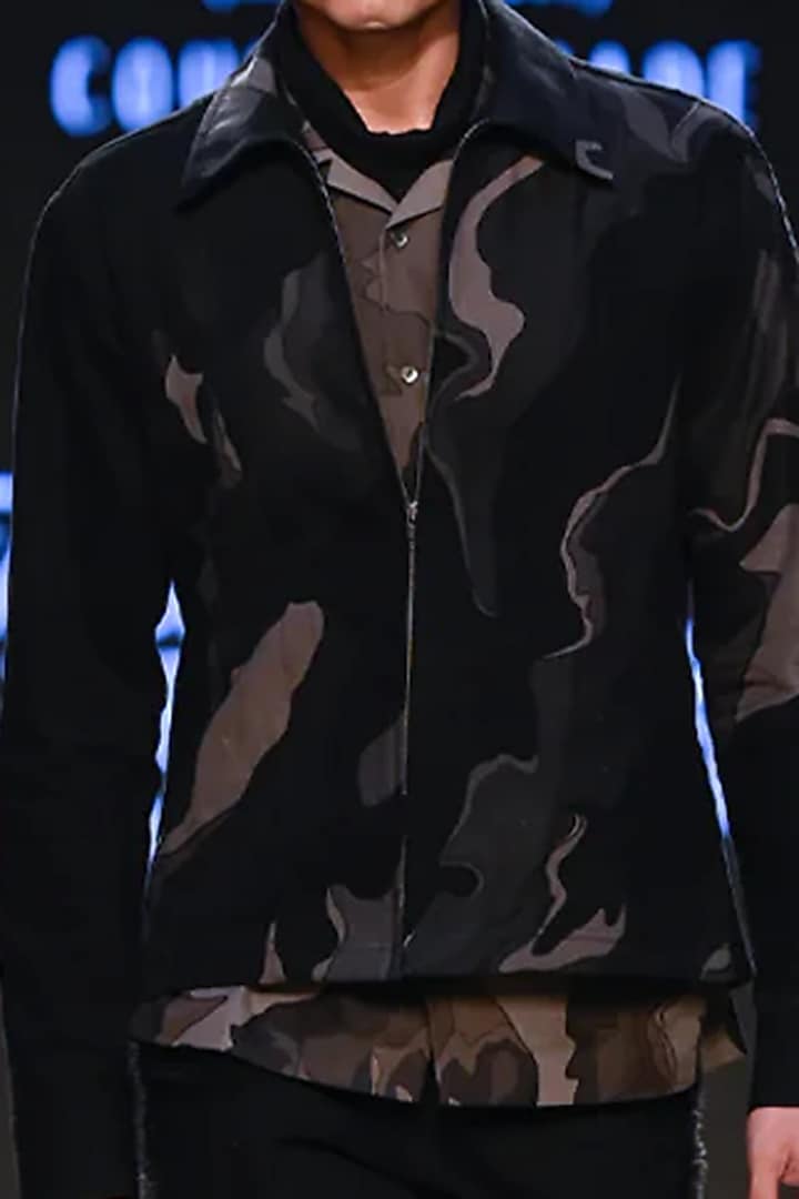 Black Cotton Denim Camo Applique Jacket by Countrymade at Pernia's Pop Up Shop