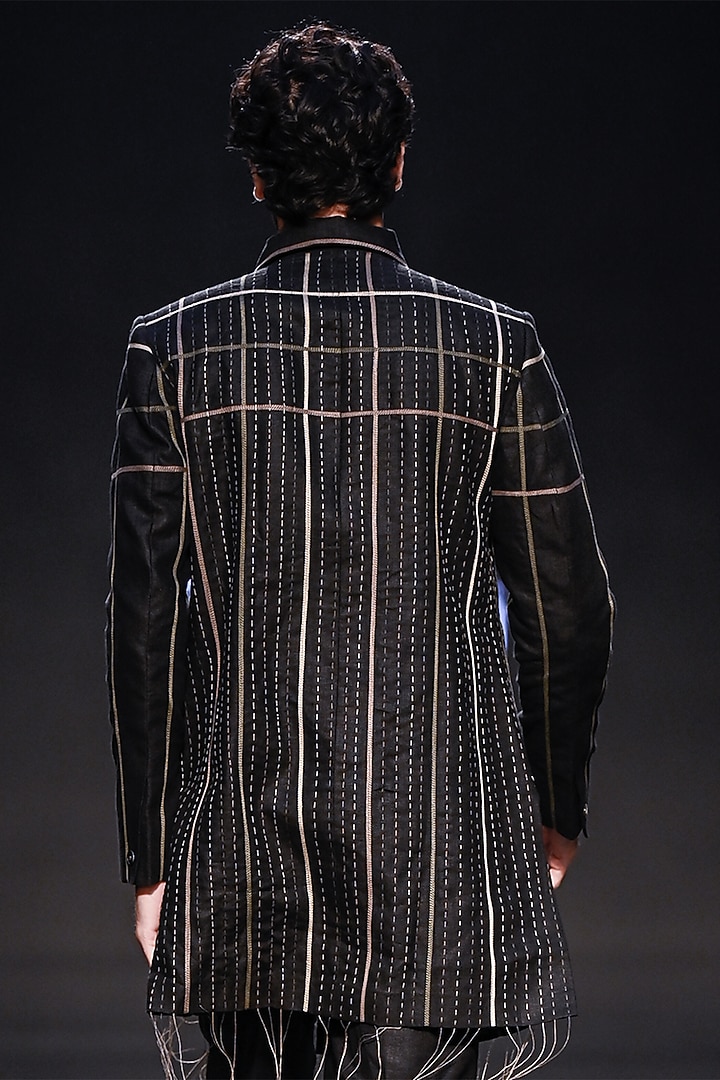 Black Linen Hand Embroidered Checkered Jacket by Countrymade at Pernia's Pop Up Shop