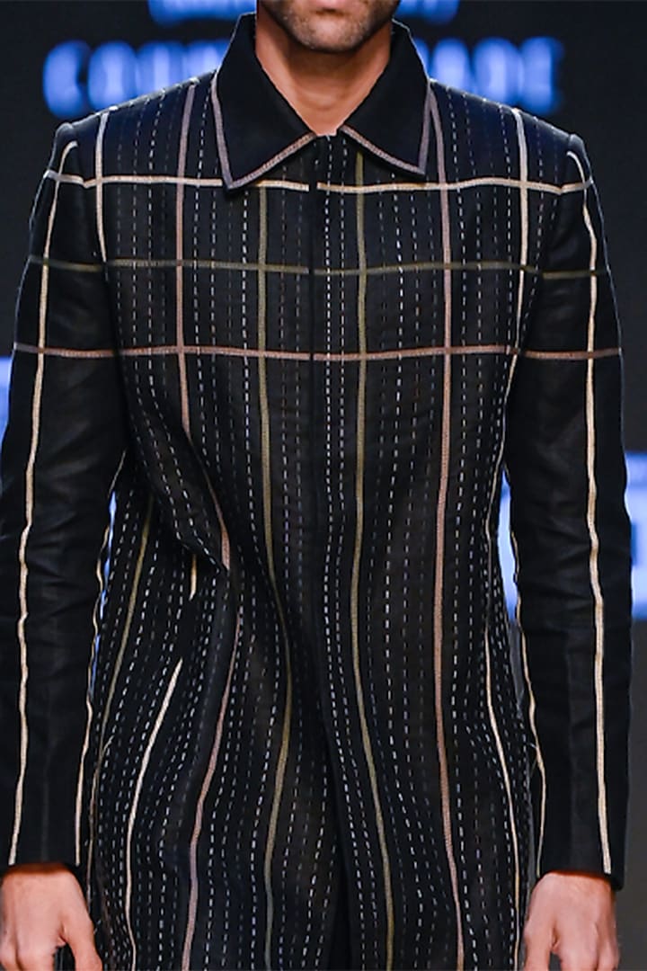 Black Linen Hand Embroidered Checkered Jacket by Countrymade at Pernia's Pop Up Shop
