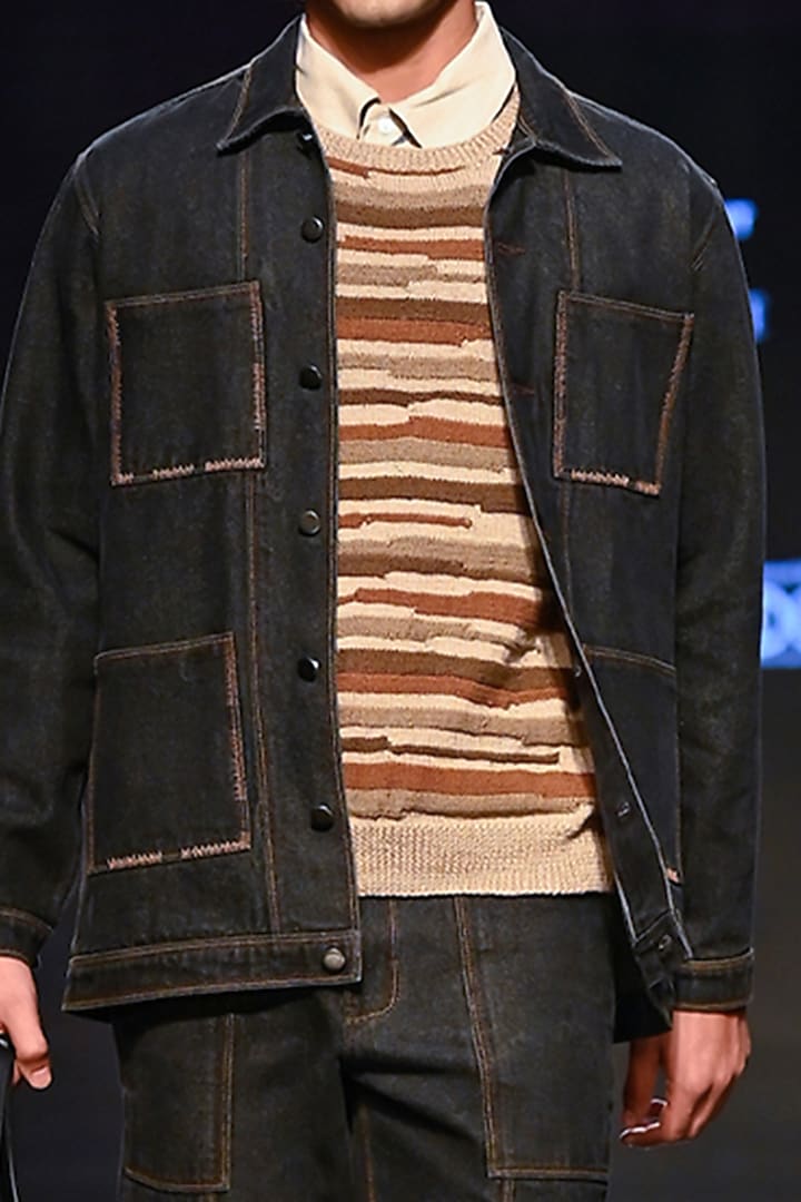 Black Organic Cotton Denim Hand Embroidered Jacket by Countrymade at Pernia's Pop Up Shop