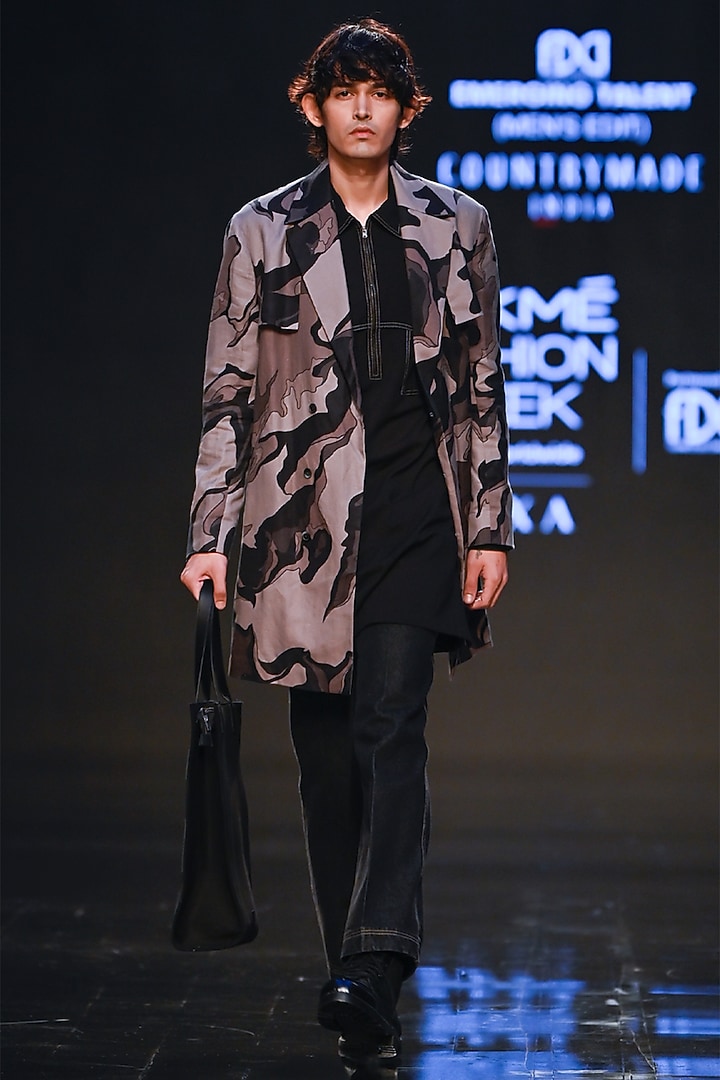 Multi-Colored Linen Twill Printed Camo Trench Jacket by Countrymade at Pernia's Pop Up Shop