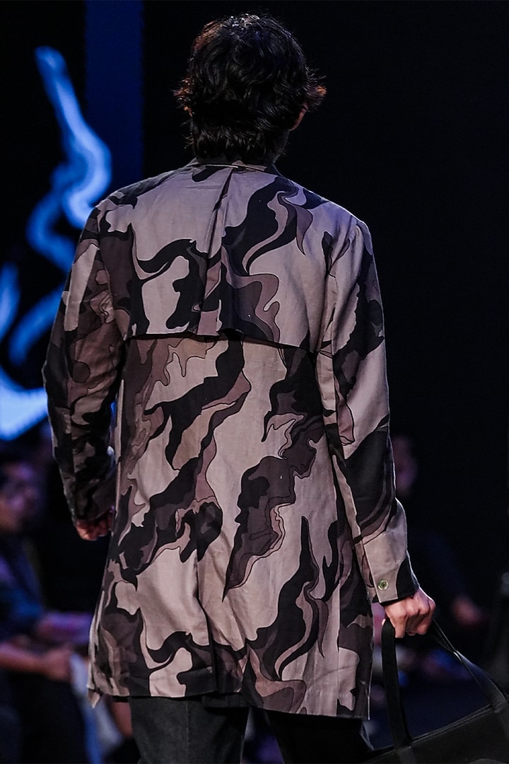 Multi-Colored Linen Twill Printed Camo Trench Jacket by Countrymade at Pernia's Pop Up Shop