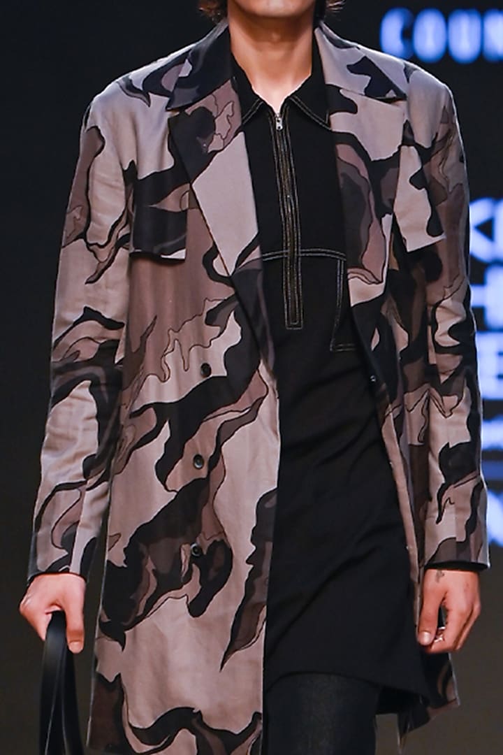Multi-Colored Linen Twill Printed Camo Trench Jacket by Countrymade at Pernia's Pop Up Shop