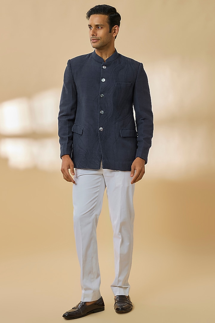 Blue Silk Wedding Bandhgala Jacket by Countrymade at Pernia's Pop Up Shop