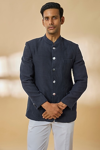 Blue Silk Bandhgala Jacket by Countrymade