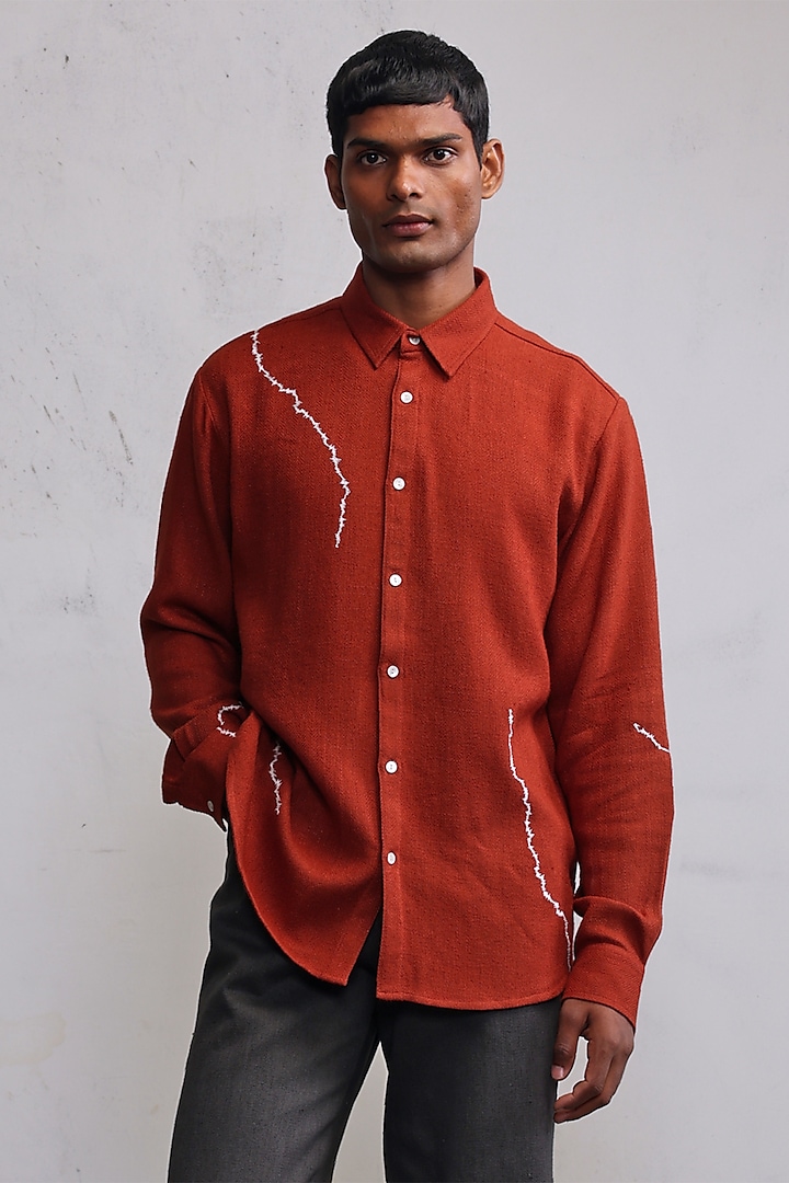 Rust Cotton Herringbone Hand Embroidered Shirt by Countrymade