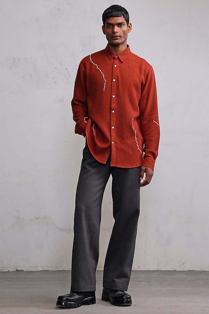 Rust Cotton Herringbone Hand Embroidered Wedding Shirt by Countrymade at Pernia's Pop Up Shop