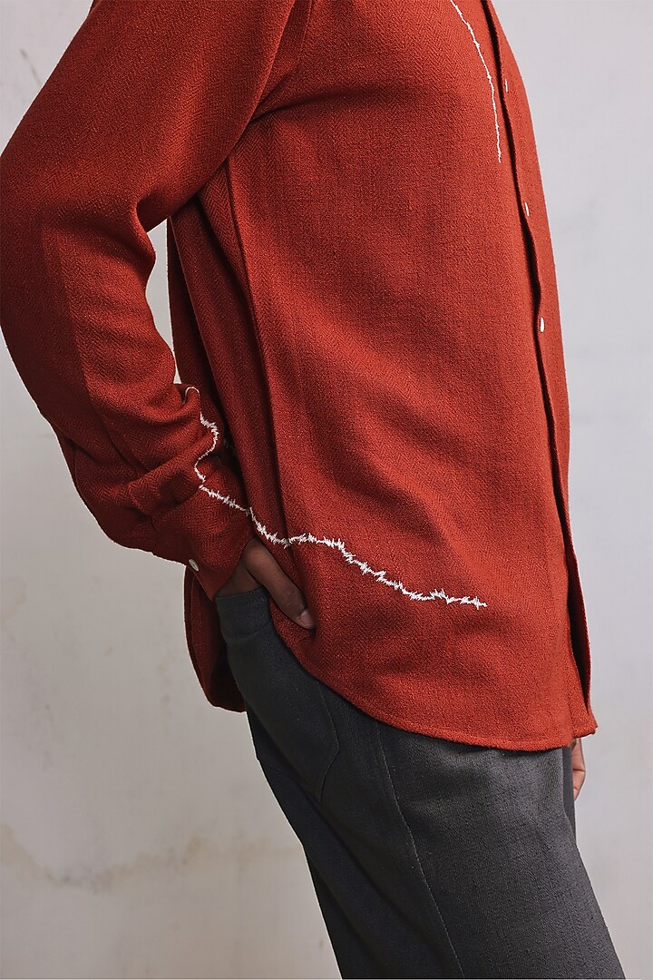 Rust Cotton Herringbone Hand Embroidered Wedding Shirt by Countrymade at Pernia's Pop Up Shop