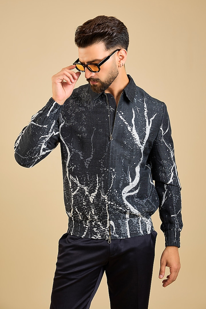 Black Silk Printed Jacket by Countrymade at Pernia's Pop Up Shop