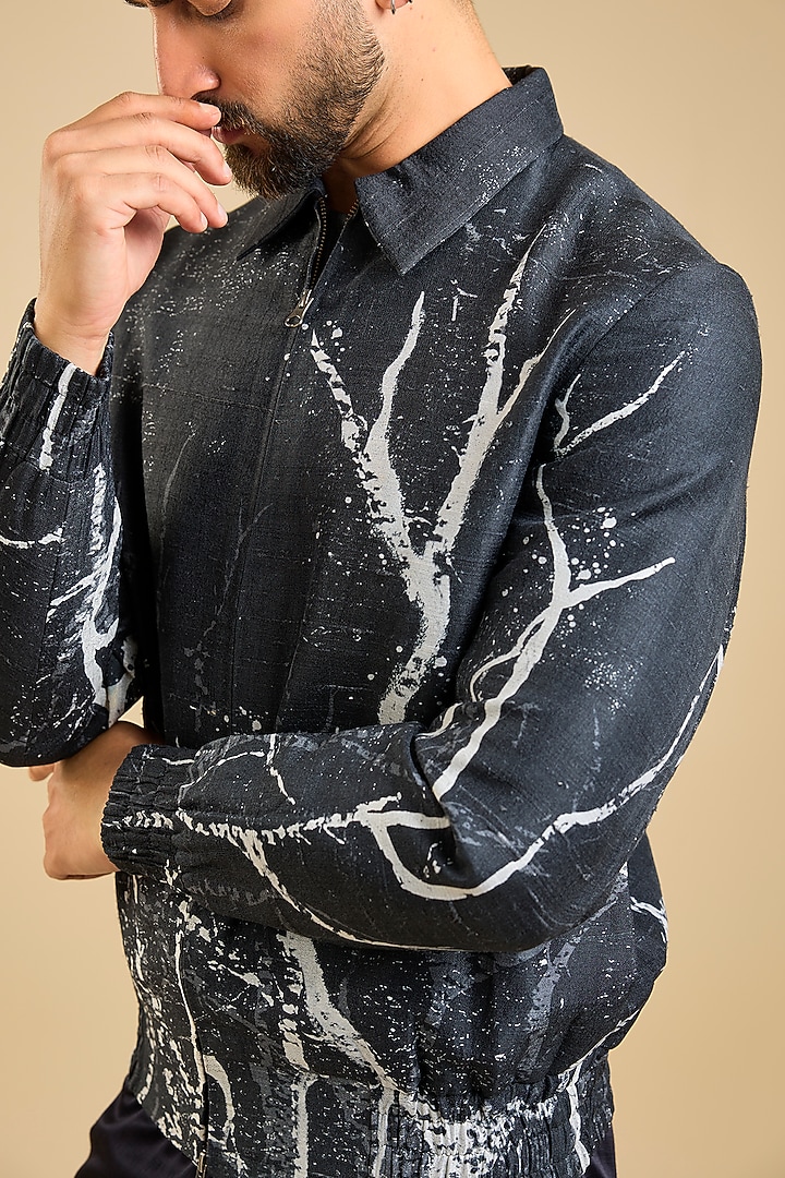 Black Silk Printed Jacket by Countrymade at Pernia's Pop Up Shop