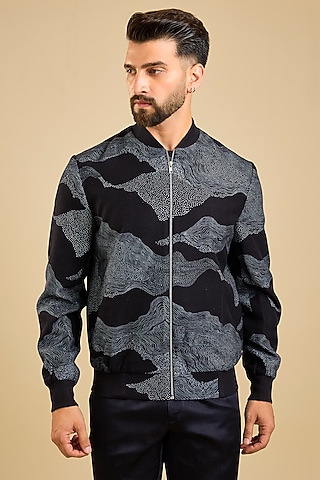 Black Linen Viscose Digital Printed Jacket by Countrymade
