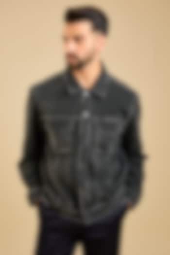 Charcoal Handloom Denim Screen Printed Jacket by Countrymade at Pernia's Pop Up Shop
