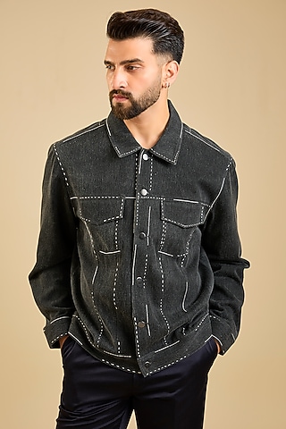 Charcoal Handloom Denim Screen Printed Jacket by Countrymade