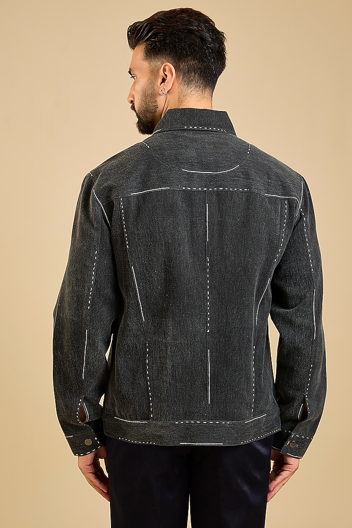 Charcoal Handloom Denim Screen Printed Jacket by Countrymade at Pernia's Pop Up Shop