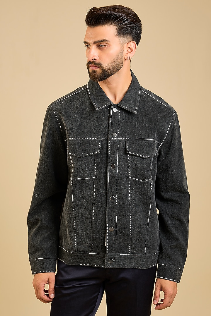 Charcoal Handloom Denim Screen Printed Jacket by Countrymade at Pernia's Pop Up Shop