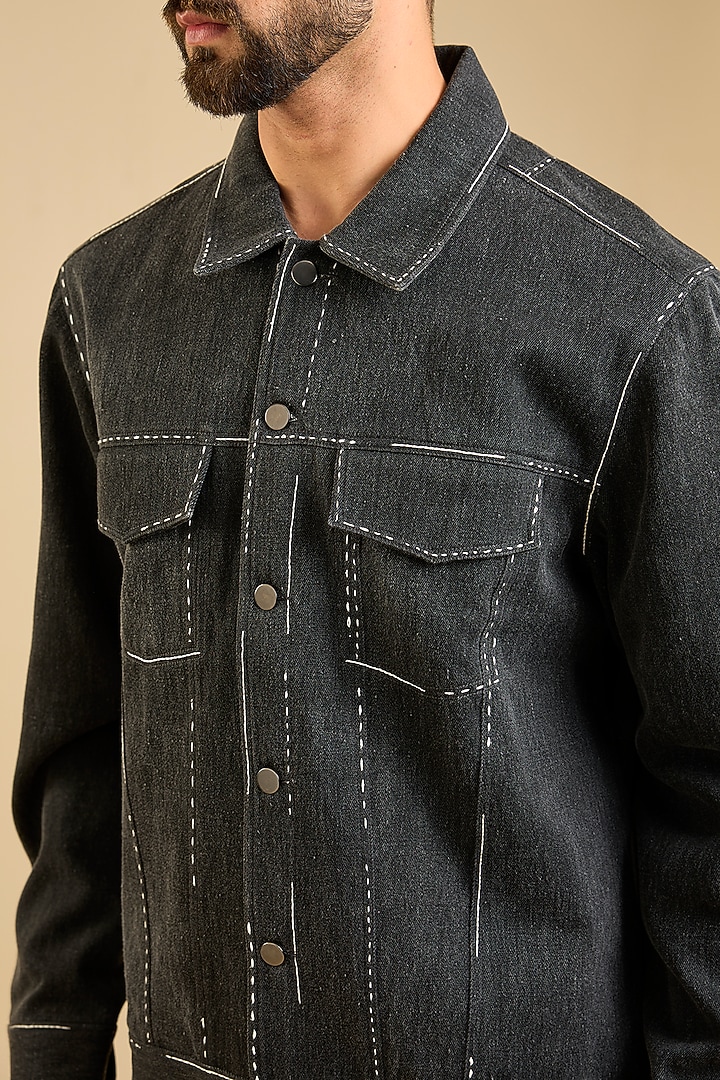 Charcoal Handloom Denim Screen Printed Jacket by Countrymade at Pernia's Pop Up Shop