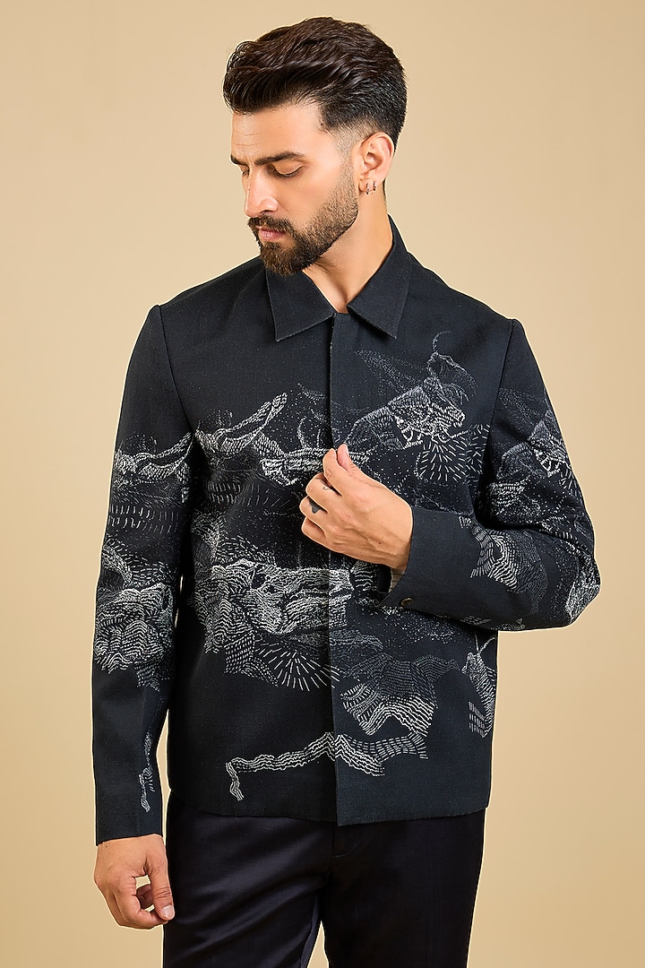 Black Linen Cotton Digital Printed Jacket by Countrymade at Pernia's Pop Up Shop