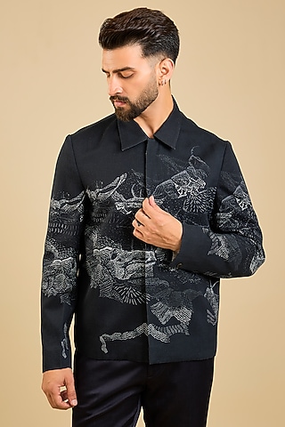Black Linen Cotton Digital Printed Jacket by Countrymade