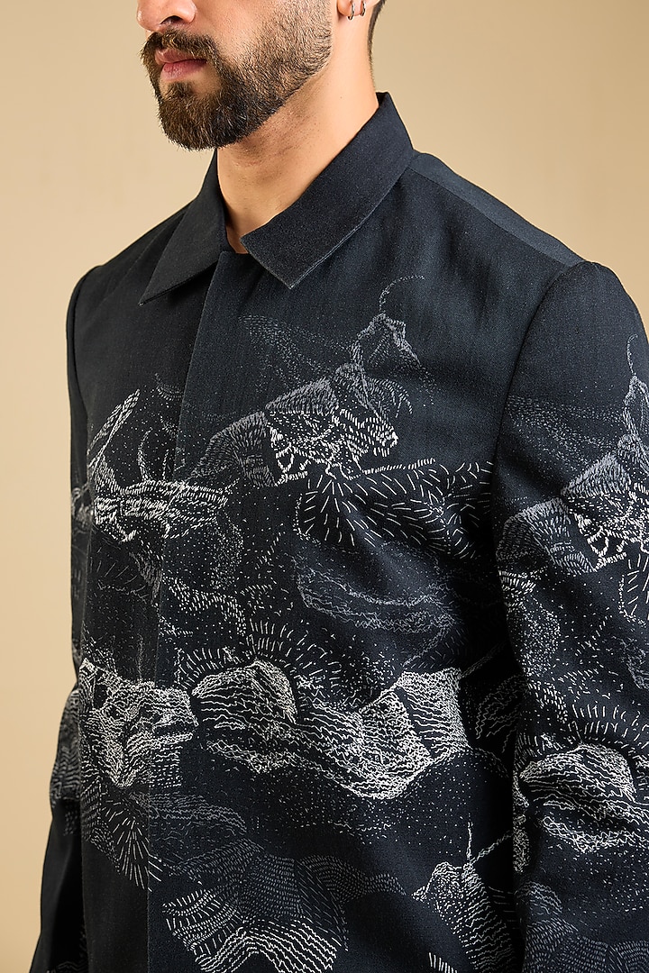 Black Linen Cotton Digital Printed Jacket by Countrymade at Pernia's Pop Up Shop