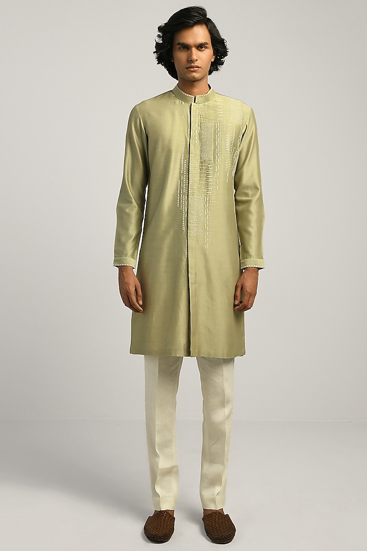 Spring Sage Green Hand Embroidered Kurta by Countrymade