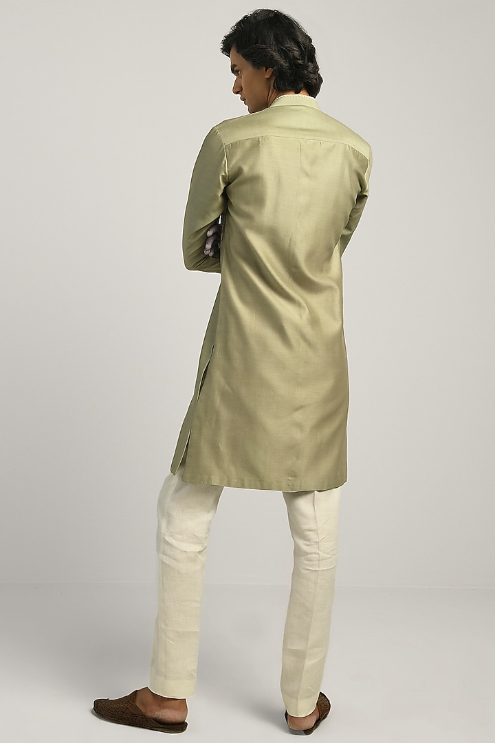 Spring Sage Green Chanderi Hand Embroidered Kurta Set by Countrymade at Pernia's Pop Up Shop