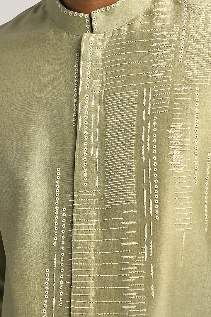 Spring Sage Green Chanderi Hand Embroidered Kurta Set by Countrymade at Pernia's Pop Up Shop