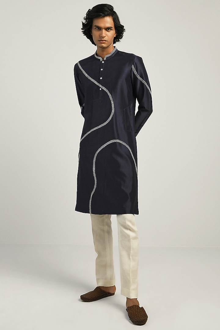 Navy Blue Chanderi Hand Embroidered Kurta Set by Countrymade at Pernia's Pop Up Shop