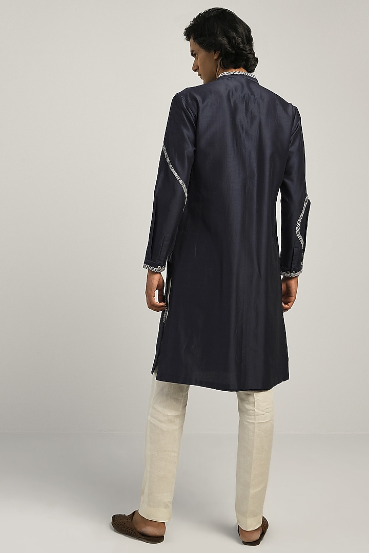 Navy Blue Chanderi Hand Embroidered Kurta Set by Countrymade at Pernia's Pop Up Shop