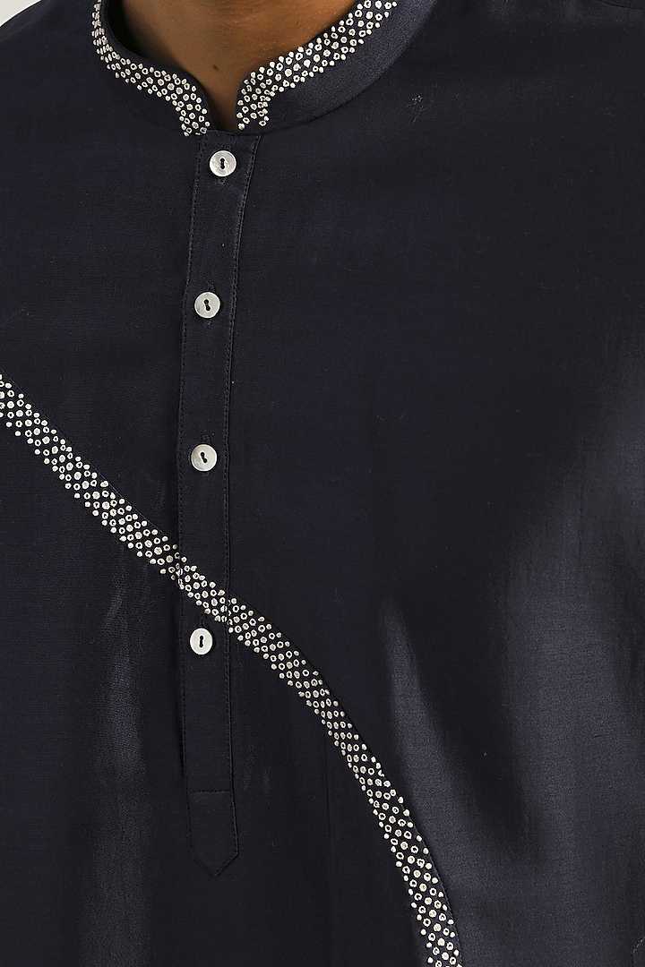 Navy Blue Chanderi Hand Embroidered Kurta Set by Countrymade at Pernia's Pop Up Shop