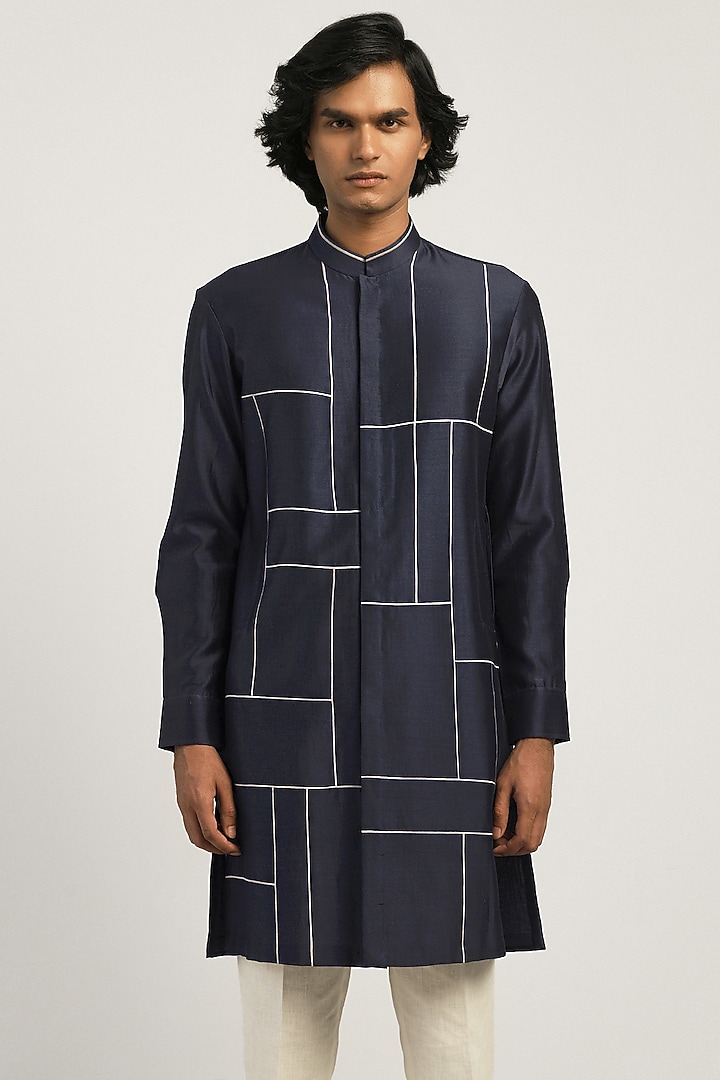 Navy Blue Chanderi Patchwork Kurta Set by Countrymade at Pernia's Pop Up Shop