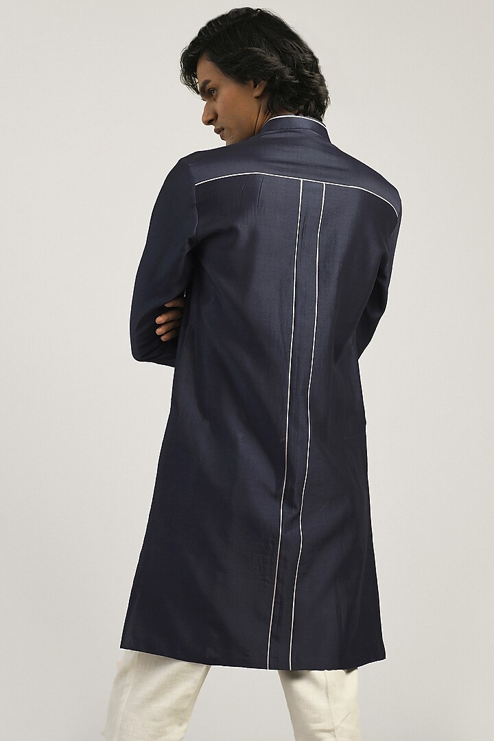 Navy Blue Chanderi Patchwork Kurta Set by Countrymade at Pernia's Pop Up Shop