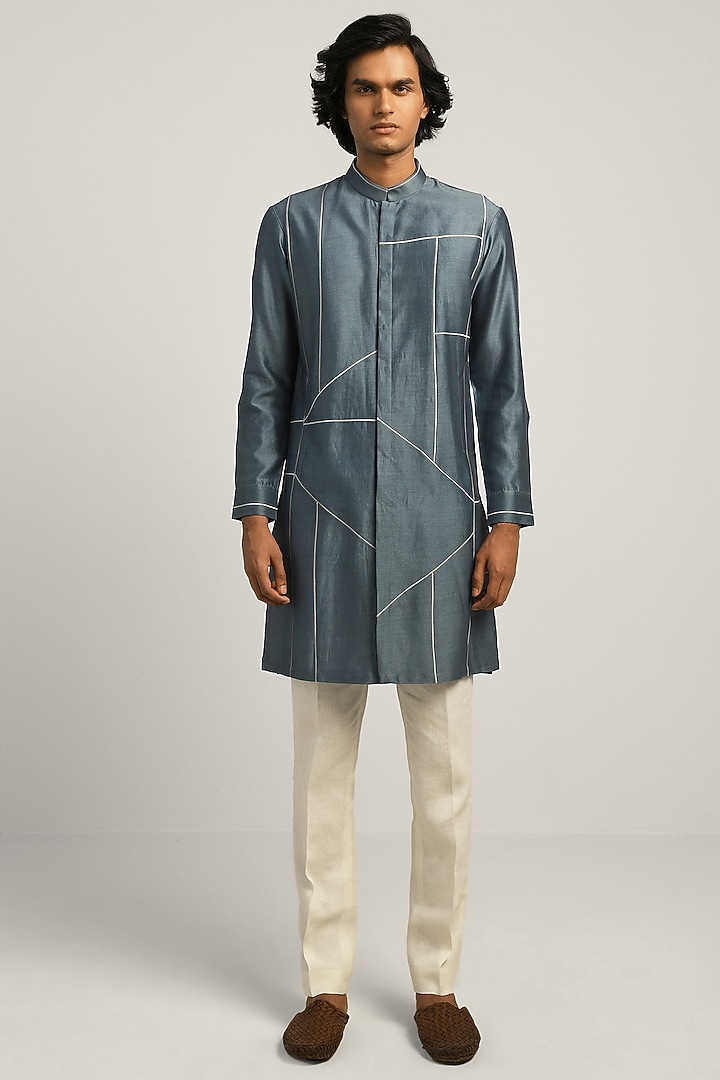 Steel Blue Chanderi Patchwork Kurta by Countrymade at Pernia's Pop Up Shop