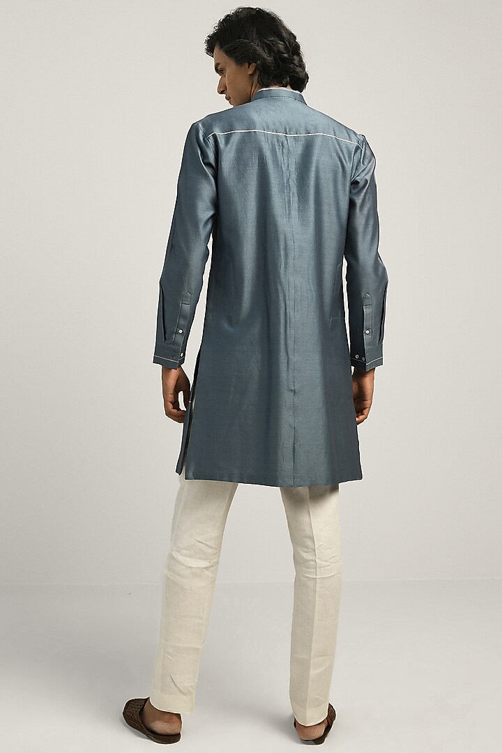Steel Blue Chanderi Patchwork Kurta by Countrymade at Pernia's Pop Up Shop