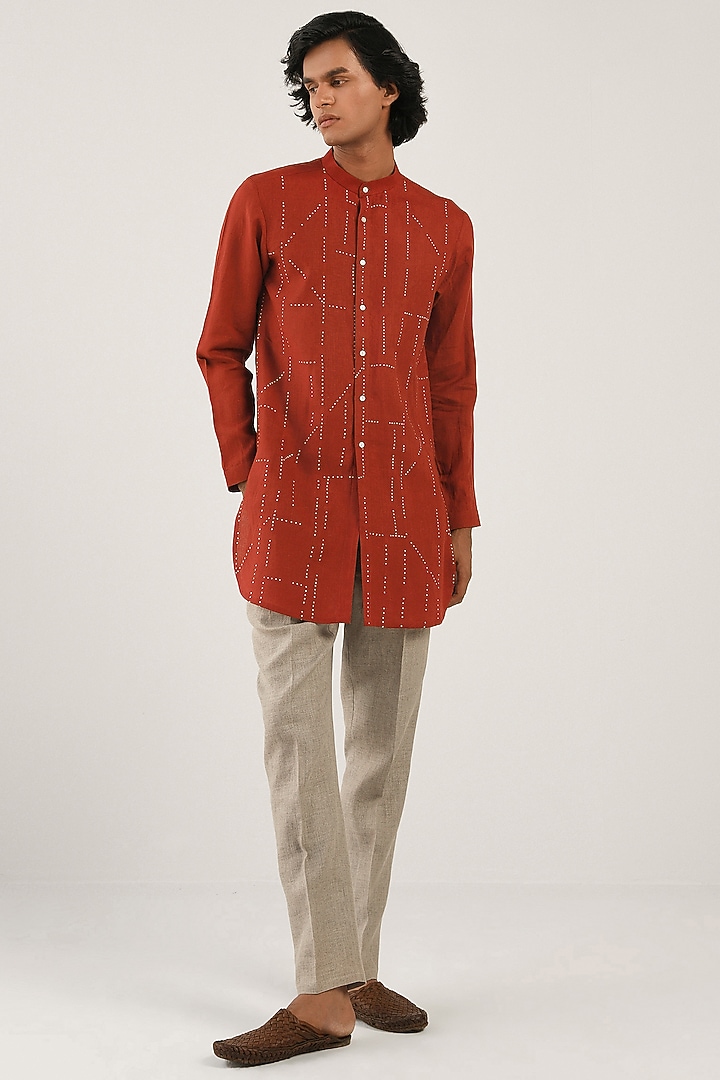 Earth Red Linen Hand Embroidered Kurta by Countrymade at Pernia's Pop Up Shop