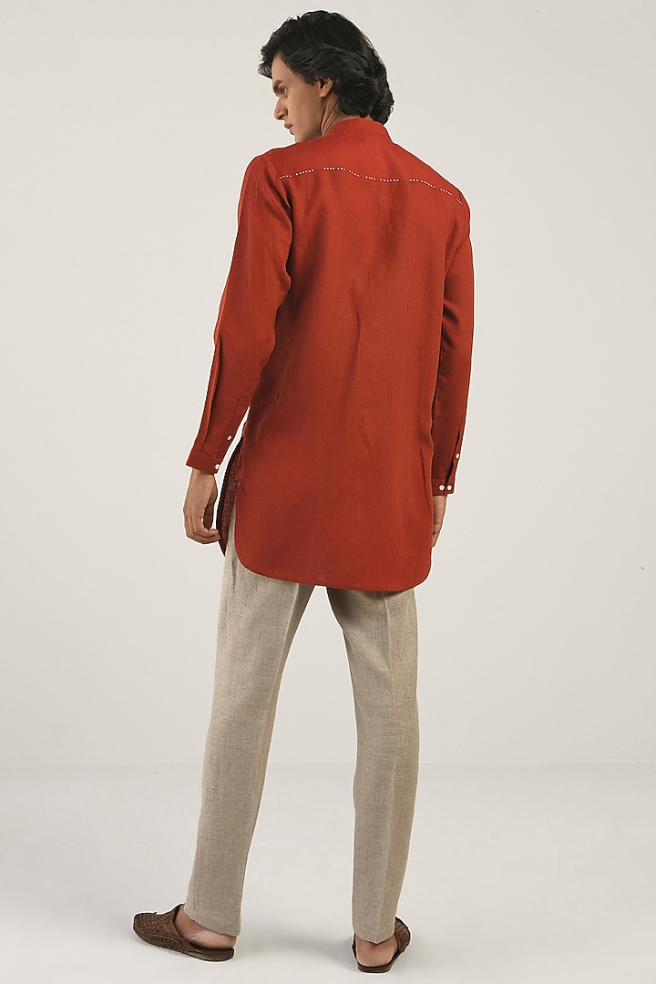 Earth Red Linen Hand Embroidered Kurta by Countrymade at Pernia's Pop Up Shop