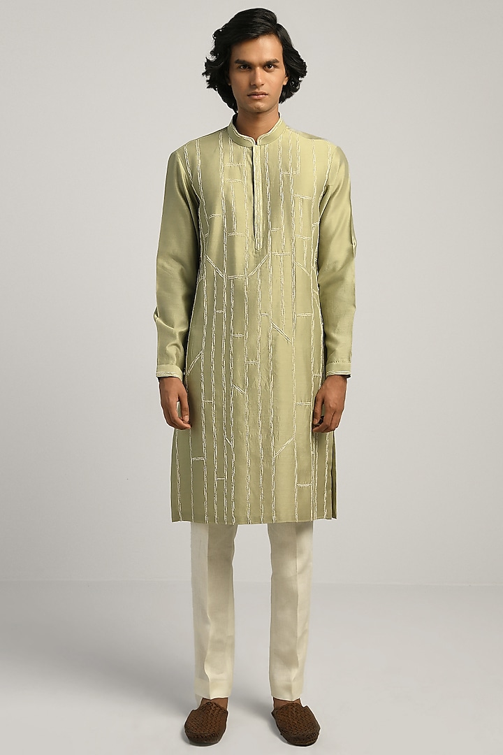 Spring Sage Green Kurta With Hand Embroidery by Countrymade