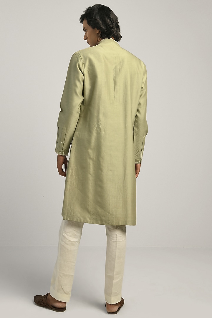 Spring Sage Green Chanderi Hand Embroidered Kurta Set by Countrymade at Pernia's Pop Up Shop