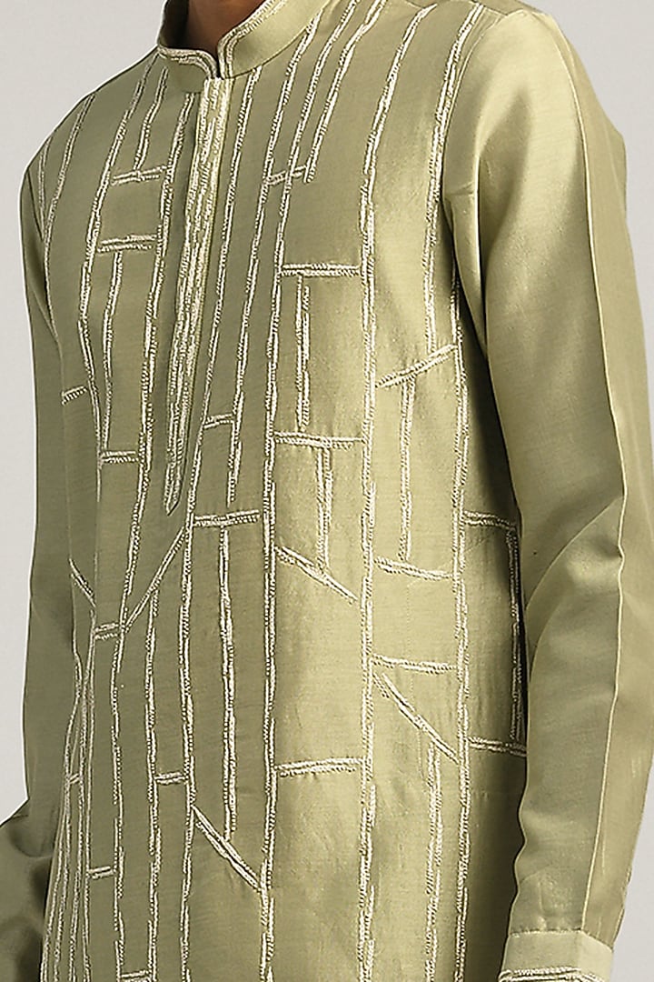 Spring Sage Green Chanderi Hand Embroidered Kurta Set by Countrymade at Pernia's Pop Up Shop