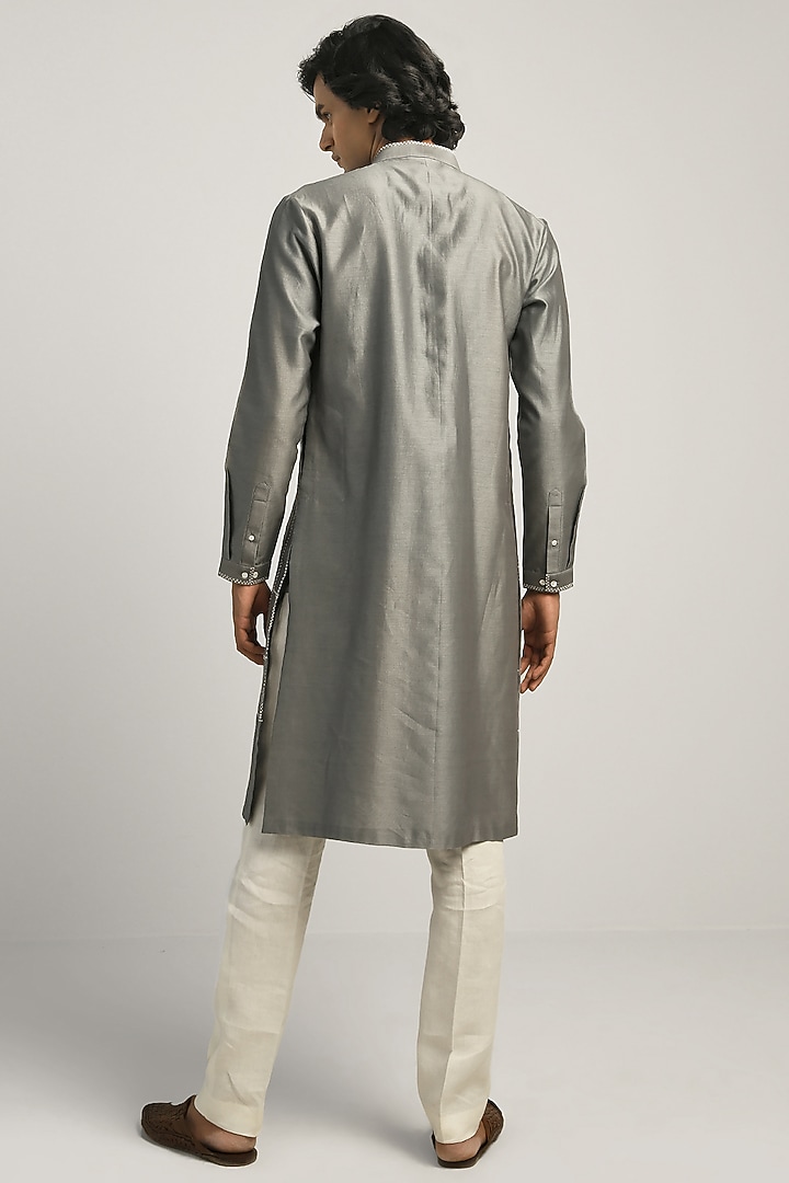 Smoke Grey Chanderi Hand Embroidered Kurta Set by Countrymade at Pernia's Pop Up Shop