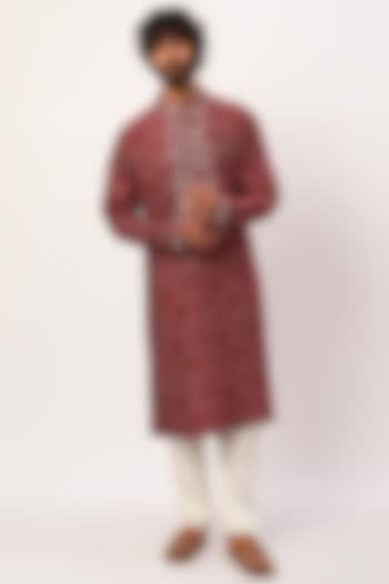 Maroon Chanderi Block Printed & Embroidered Kurta Set by Countrymade