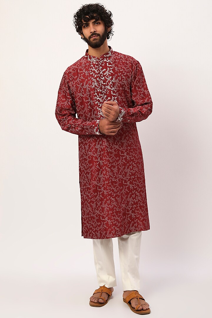 Maroon Printed & Embroidered Kurta Set by Countrymade
