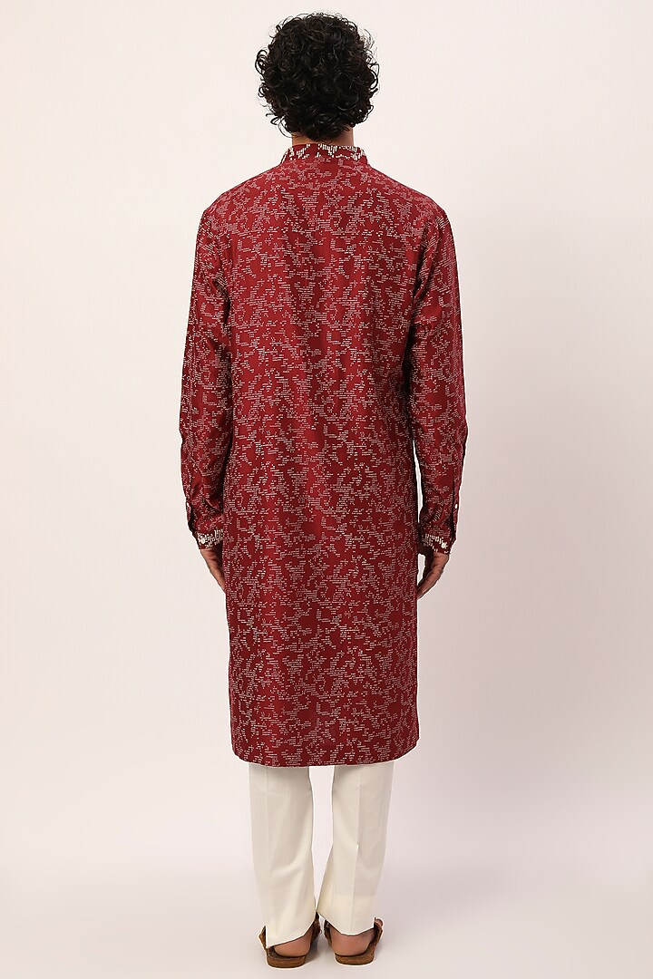 Maroon Chanderi Block Printed & Embroidered Kurta Set by Countrymade at Pernia's Pop Up Shop