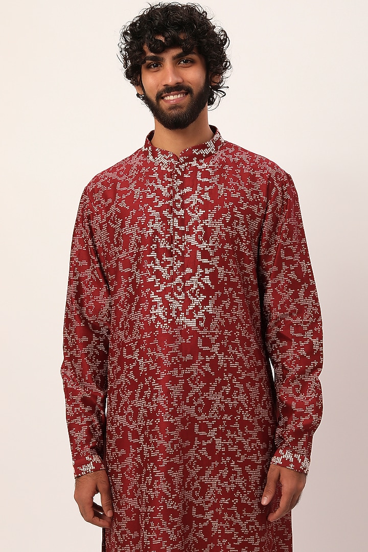 Maroon Chanderi Block Printed & Embroidered Kurta Set by Countrymade at Pernia's Pop Up Shop