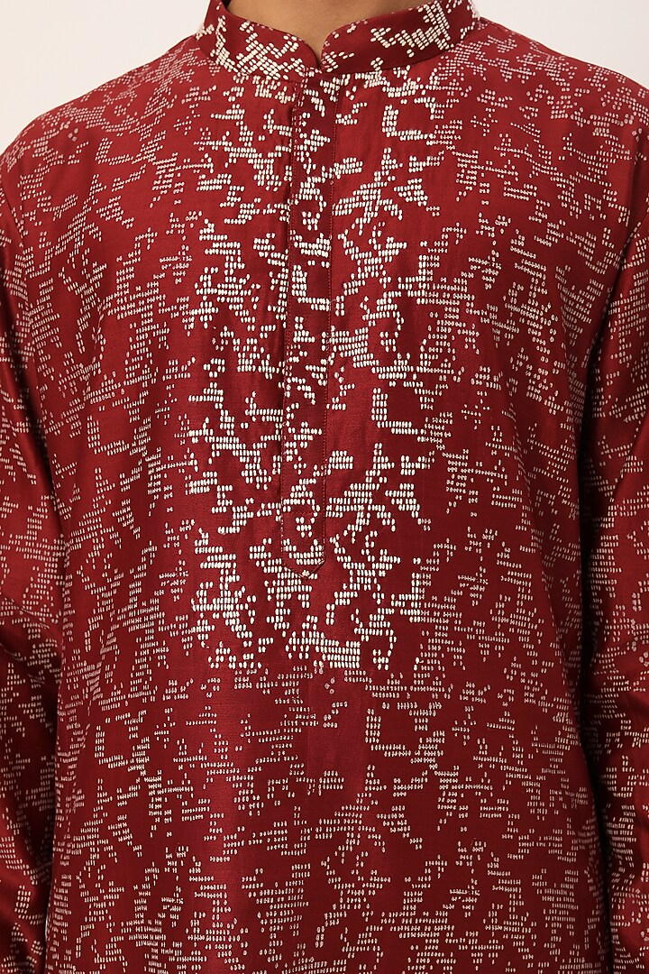 Maroon Chanderi Block Printed & Embroidered Kurta Set by Countrymade at Pernia's Pop Up Shop