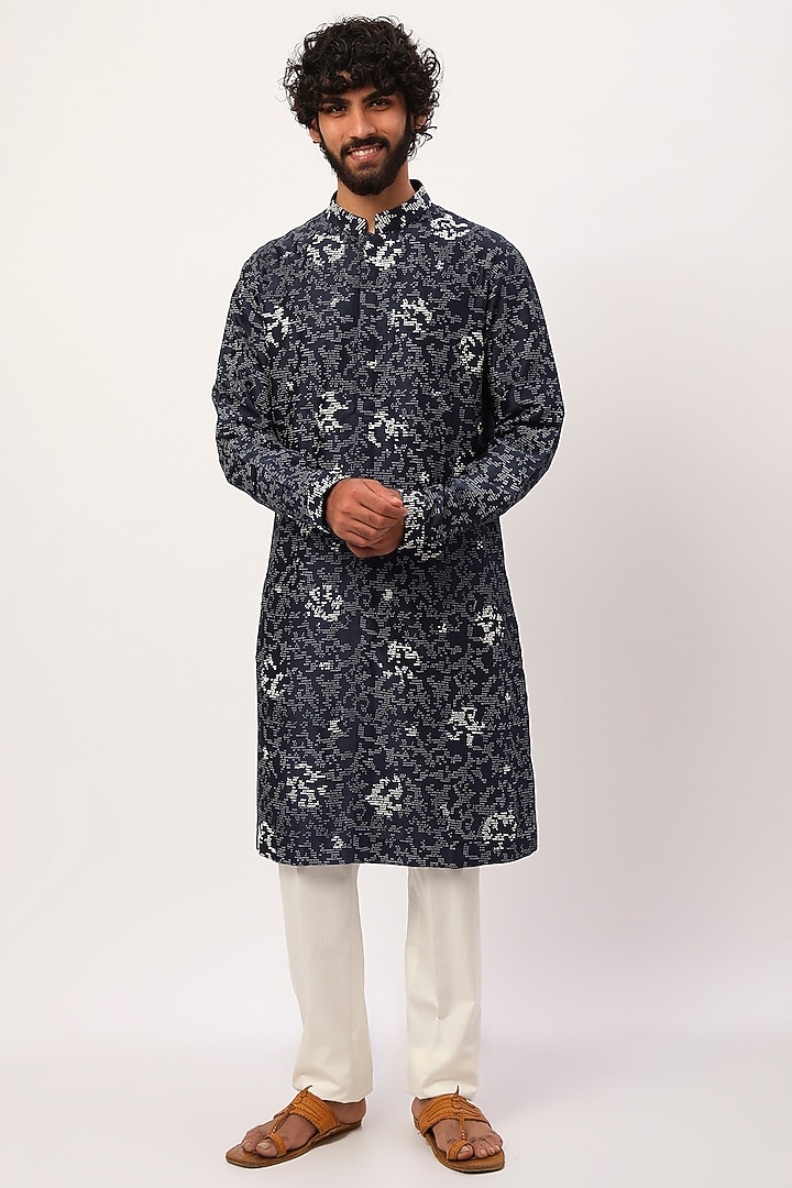 Black Chanderi Block Printed & Hand Embroidered Kurta Set by Countrymade at Pernia's Pop Up Shop