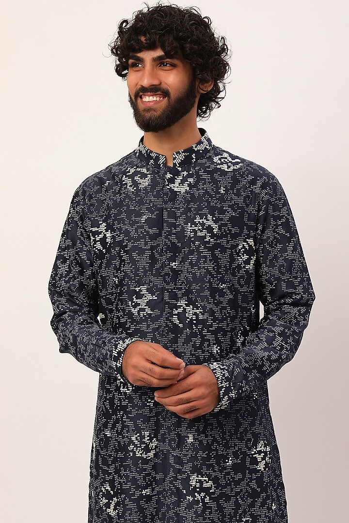 Black Chanderi Block Printed & Hand Embroidered Kurta Set by Countrymade at Pernia's Pop Up Shop
