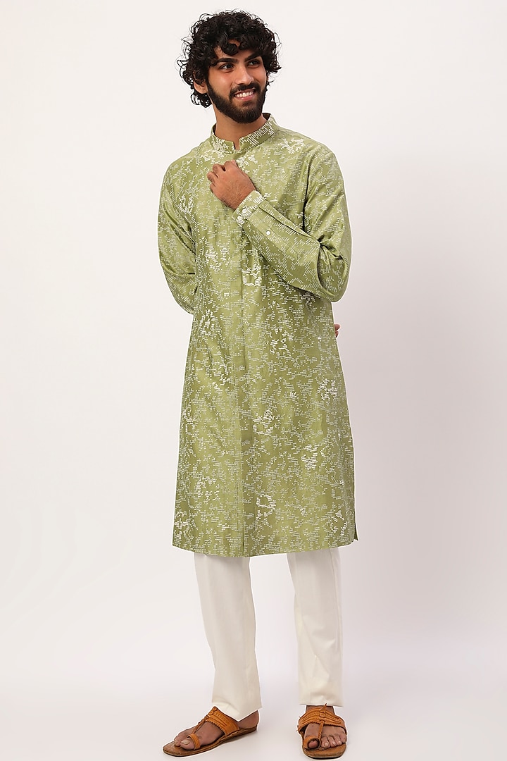 Mehendi Green Printed & Embroidered Kurta Set by Countrymade