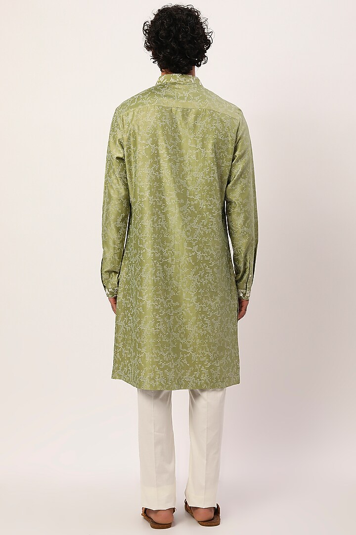 Mehendi Green Chanderi Block Printed & Hand Embroidered Kurta Set by Countrymade at Pernia's Pop Up Shop