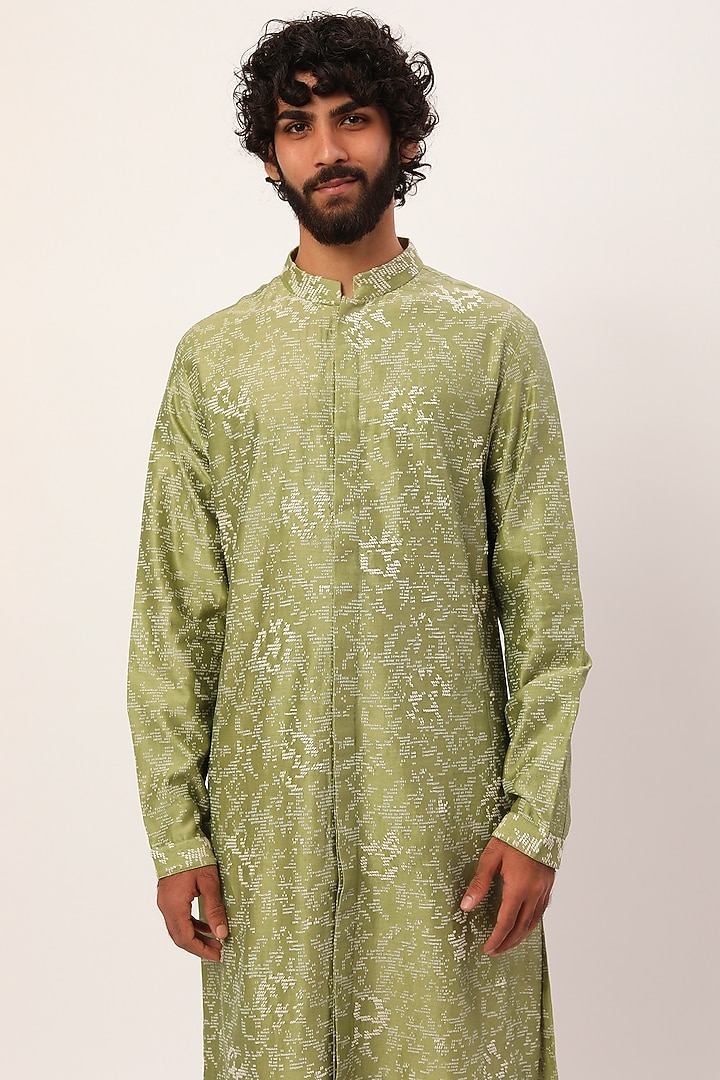 Mehendi Green Chanderi Block Printed & Hand Embroidered Kurta Set by Countrymade at Pernia's Pop Up Shop